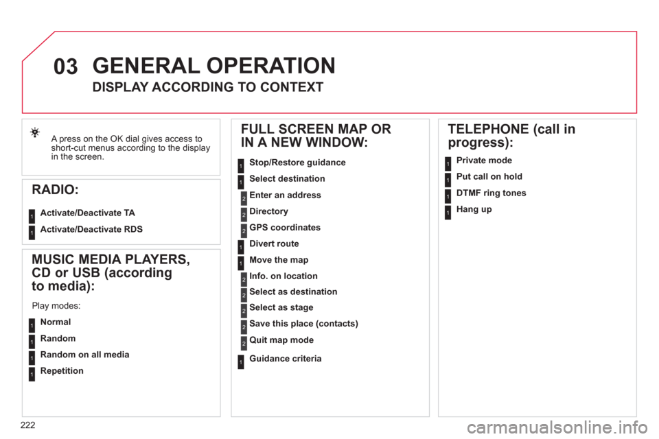 Citroen C4 RHD 2011 2.G Owners Manual 222
03
 A press on the OK dial gives access to
short-cut menus according to the display 
in the screen.
   
RADIO: 
Activate/Deactivate TA 
 
Activate/Deactivate RDS 
 
 
 
GENERAL OPERATION
 
 
 
 
 