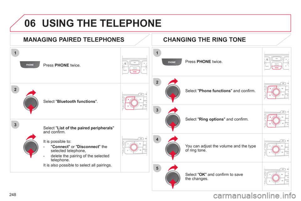 Citroen C4 RHD 2011 2.G Owners Manual 248
1
2
3
1
2
3
4
5
06
Press PHONE twice.
Select " List of the paired peripherals"and confi rm.
It is possible to:
-
"Connect" or " Disconnect " theselected telephone,
- delete the pairin
g of t Citroen C4 RHD 2011 2.G Owners Manual 248
1
2
3
1
2
3
4
5
06
Press PHONE twice.
Select " List of the paired peripherals"and confi rm.
It is possible to:
-
"Connect" or " Disconnect " theselected telephone,
- delete the pairin
g of t