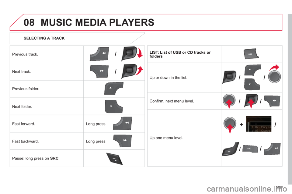 Citroen C4 RHD 2011 2.G Owners Manual 255
08
/
/
//
//
// +/
   
 
SELECTING A TRACK
MUSIC MEDIA PLAYERS 
Previous track.
N
ext track.  
Pr
evious folder.   
N
ext folder.   
F
ast forward. 
Fast backward. 
Pause: lon
g press on  SRC.
 
L