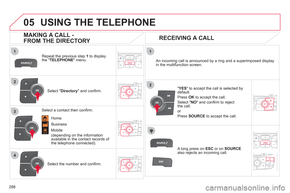 Citroen C4 RHD 2011 2.G Owners Manual
288
1
2
1
4
2
3
05USING THE TELEPHONE
Repeat the previous step 1to display
the " TELEPHONE" menu.
Select "Directory
" and confi rm.
An incoming call is announced by a ring and a sup Citroen C4 RHD 2011 2.G Owners Manual
288
1
2
1
4
2
3
05USING THE TELEPHONE
Repeat the previous step 1to display
the " TELEPHONE" menu.
Select "Directory
" and confi rm.
An incoming call is announced by a ring and a sup