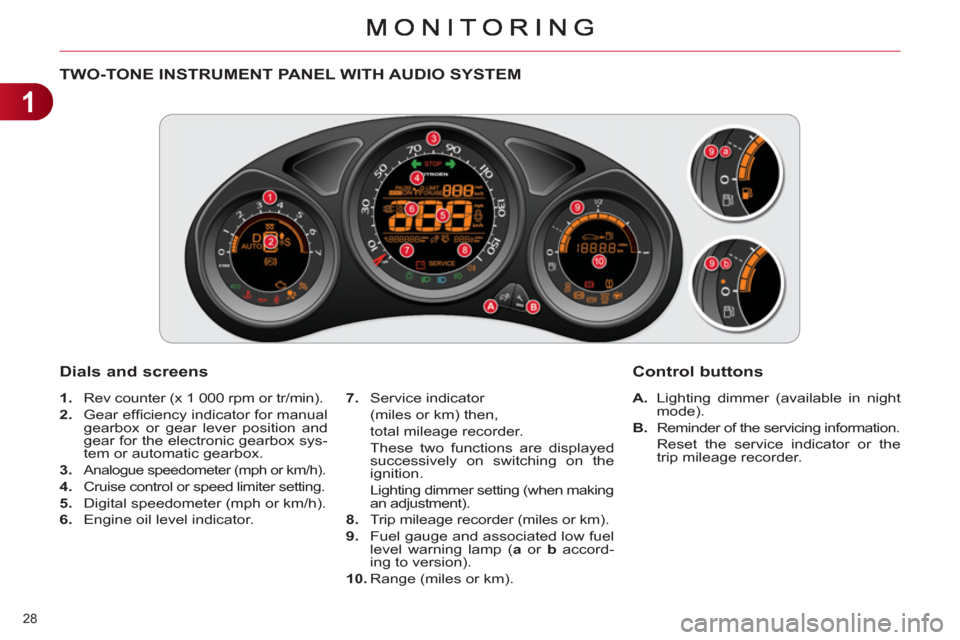 Citroen C4 RHD 2011 2.G Owners Guide 1
28 
   
 
 
 
 
 
 
 
 
 
 
 
TWO-TONE INSTRUMENT PANEL WITH AUDIO SYSTEM
   
Dials and screens
 
 
 
A. 
  Lighting dimmer (available in night 
mode). 
   
B. 
  Reminder of the servicing informati