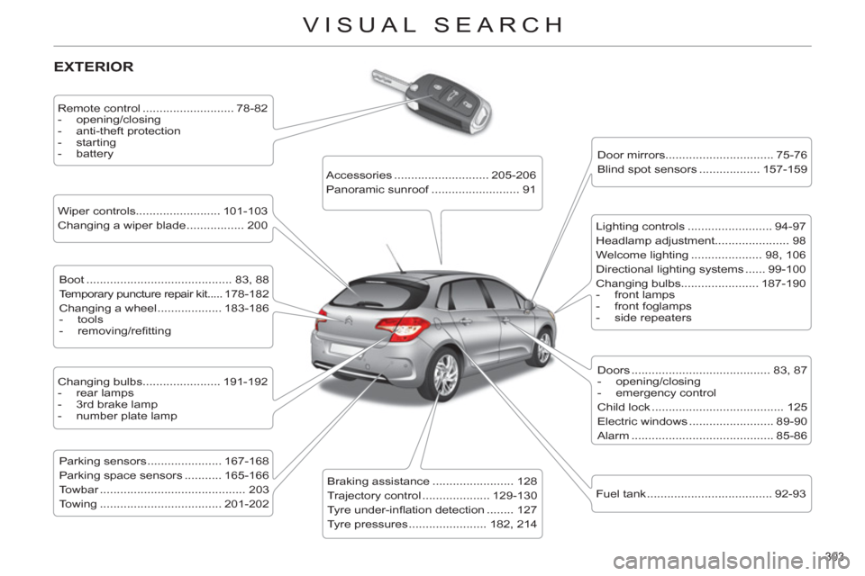 Citroen C4 RHD 2011 2.G Owners Manual 303 
VISUAL SEARCH
  EXTERIOR  
 
 
Remote control ........................... 78-82 
   
 
-  opening/closing 
   
-  anti-theft protection 
   
-  starting 
   
-  battery  
 
   
Wiper controls....