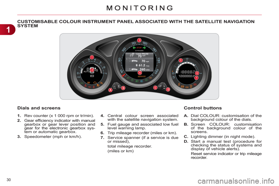 Citroen C4 RHD 2011 2.G Owners Manual 1
30 
CUSTOMISABLE COLOUR INSTRUMENT PANEL ASSOCIATED WITH THE SATELLITE NAVIGATION SYSTEM 
   
 
1. 
  Rev counter (x 1 000 rpm or tr/min). 
   
2. 
 Gear efﬁ ciency indicator with manual 
gearbox 