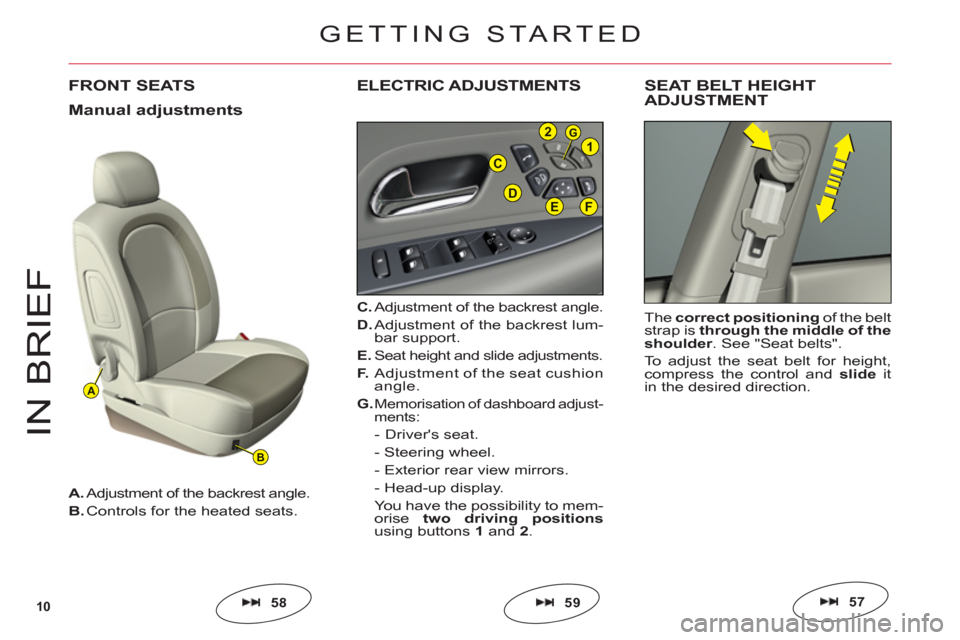 Citroen C6 2011 1.G User Guide 10
A
B
C
EFD
G21
IN BRIE
F
FRONT SEATS
C.Adjustment of the backrest angle.
D. Adjustment of the backrest lum-bar support.
E.Seat height and slide adjustments.
F. Adjustment of the seat cushion 
angle.