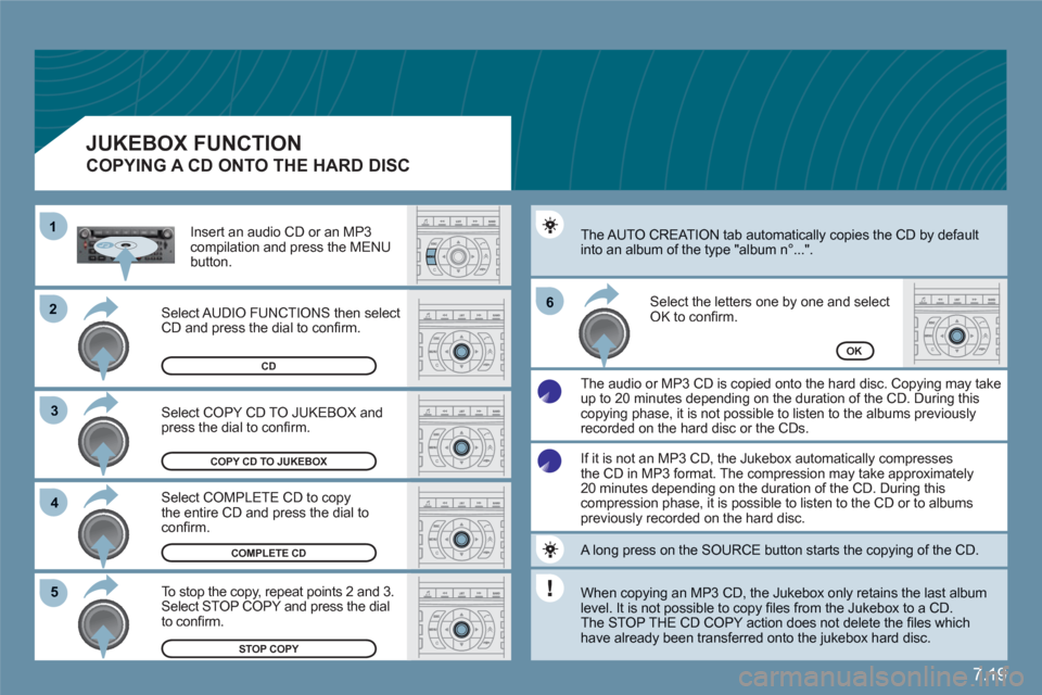 Citroen C6 2011 1.G Owners Manual 7.19
22
33
11
55
66
44
COPY CD TO JUKEBOX
OK
STOP COPY
COMPLETE CD
 Select COPY CD TO JUKEBOX andpress the dial to conﬁ rm.
  Select COMPLETE CD to copy the entire CD and press the dial toconﬁ rm.