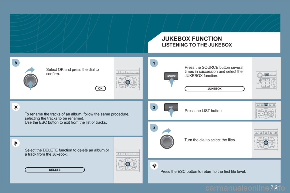 Citroen C6 2011 1.G Owners Manual 7.21
88
2
33
11
DELETE
OKJUKEBOX
Press the SOURCE button severaltimes in succession and select the JUKEBOX function.
Press the LIST button.
Turn the dial to select the fi les.
Press the ESC button Citroen C6 2011 1.G Owners Manual 7.21
88
2
33
11
DELETE
OKJUKEBOX
Press the SOURCE button severaltimes in succession and select the JUKEBOX function.
Press the LIST button.
Turn the dial to select the fi les.
Press the ESC button