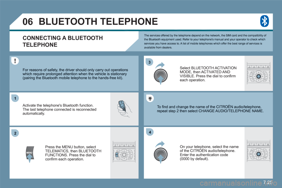 Citroen C6 2011 1.G Owners Manual 7.25
33
22
11
44
06
  The services offered by the telephone depend on the network, the SIM card and the compatibility of the Bluetooth equipment used. Refer to your telephones manual and your operato