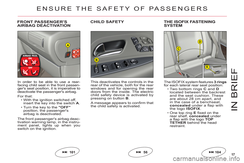 Citroen C6 2011 1.G User Guide 17
D
C
E
B
A
IN BRIE
F
FRONT PASSENGERS
AIRBAG DEACTIVATIONCHILD SAFETYTHE ISOFIX FASTENING
SYSTEM
In order to be able to use a rear-facing child seat in the front passen-gers seat position, it is i