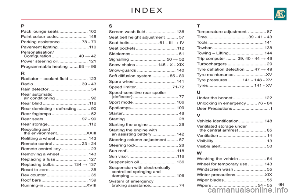 Citroen C6 2011 1.G Owners Manual 151
INDEX
P
Pack lounge seats......................100
Paint colour code ........................148
Parking assistance................78 - 79
Pavement lighting........................11 0
Personalisa
