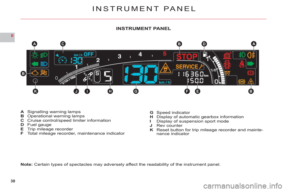 Citroen C6 2011 1.G Owners Guide 30
II
KJIHGFEB
CABDA
B
INSTRUMENT PANEL
Note: Certain types of spectacles may adversely affect the readability of the instrument panel.
ASignalling warning lampsBOperational warning lampsC Cruise cont