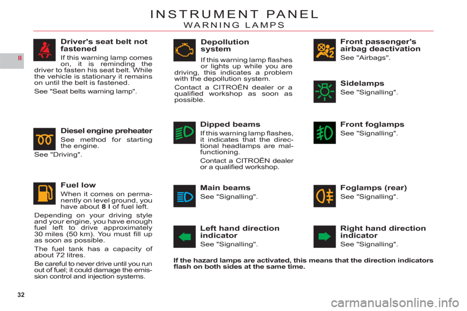 Citroen C6 2011 1.G Owners Manual 32
II
INSTRUMENT PANEL
WARNING LAMPS
Front passengersairbag deactivation
See "Airbags".
Left hand direction
indicator
See "Signalling".
Right hand directionindicator
See "Signalling".
If the hazard l