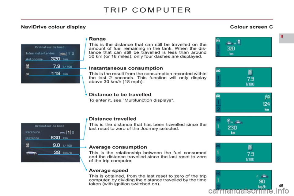 Citroen C6 2011 1.G Owners Guide 45
II
TRIP COMPUTER
Colour screen CNaviDrive colour display
Range
This is the distance that can still be travelled on the
amount of fuel remaining in the tank. When the dis-
tance that can still be t Citroen C6 2011 1.G Owners Guide 45
II
TRIP COMPUTER
Colour screen CNaviDrive colour display
Range
This is the distance that can still be travelled on the
amount of fuel remaining in the tank. When the dis-
tance that can still be t