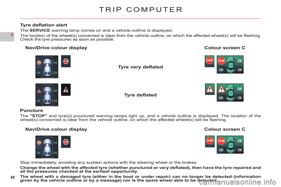 Citroen C6 2011 1.G Owners Guide 48
II
TRIP COMPUTER
Tyre defl ation alert
TheSERVICEwarning lamp comes on and a vehicle outline is displayed.
The location of the wheel(s) concerned is clear from the vehicle outline, on which the af Citroen C6 2011 1.G Owners Guide 48
II
TRIP COMPUTER
Tyre defl ation alert
TheSERVICEwarning lamp comes on and a vehicle outline is displayed.
The location of the wheel(s) concerned is clear from the vehicle outline, on which the af