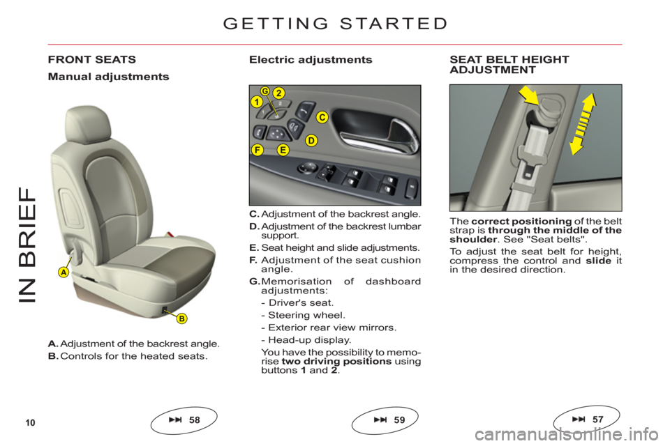 Citroen C6 RHD 2011 1.G User Guide 10
A
B
FED
C
21G
IN BRIE
F
FRONT SEATS
C.Adjustment of the backrest angle.
D. Adjustment of the backrest lumbar support.
E.Seat height and slide adjustments.
F
. Adjustment of the seat cushion 
angle.