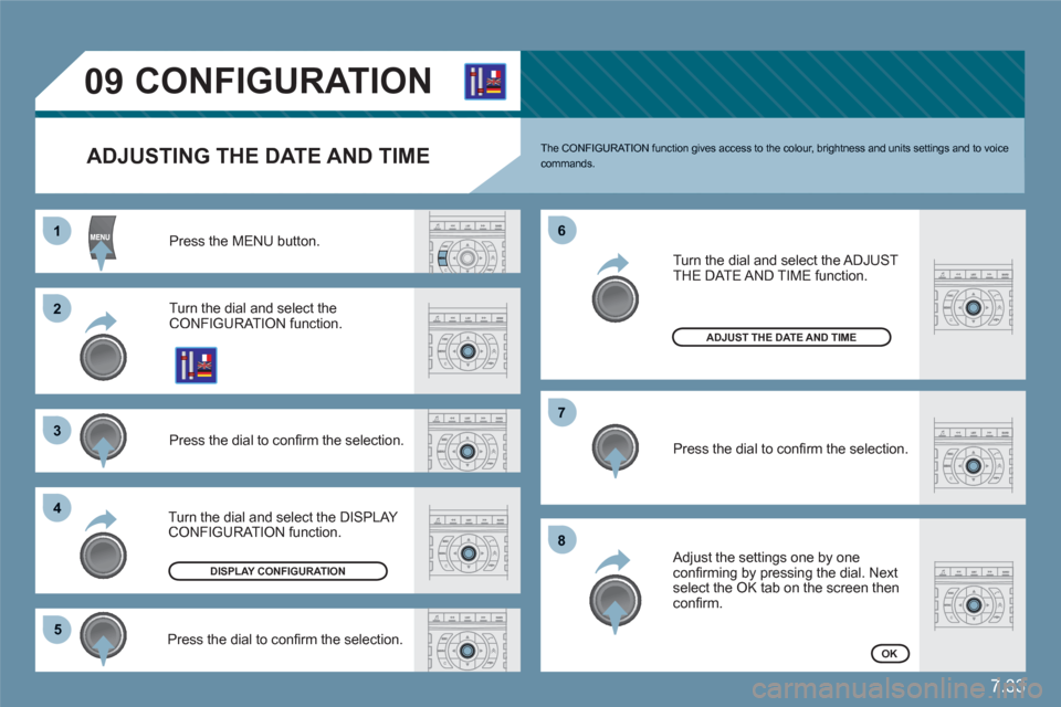Citroen C6 RHD 2011 1.G Owners Manual 7.33
11
22
33
44
55
66
77
88
09CONFIGURATION
ADJUSTING THE DATE AND TIME
Press the MENU button.
Turn the dial and select theCONFIGURATION function.
Press the dial to confi rm the selection.
Turn t Citroen C6 RHD 2011 1.G Owners Manual 7.33
11
22
33
44
55
66
77
88
09CONFIGURATION
ADJUSTING THE DATE AND TIME
Press the MENU button.
Turn the dial and select theCONFIGURATION function.
Press the dial to confi rm the selection.
Turn t