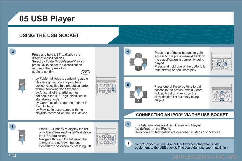 Citroen C6 RHD 2011 1.G Owners Manual 7.50
33
05
44
11
55
22
USB Player
USING THE USB SOCKET
Press LIST briefl y to display the listof Folders/Genres/Artists/Playlists on the USB equipment.Navigate through the list using theleft/righ Citroen C6 RHD 2011 1.G Owners Manual 7.50
33
05
44
11
55
22
USB Player
USING THE USB SOCKET
Press LIST briefl y to display the listof Folders/Genres/Artists/Playlists on the USB equipment.Navigate through the list using theleft/righ