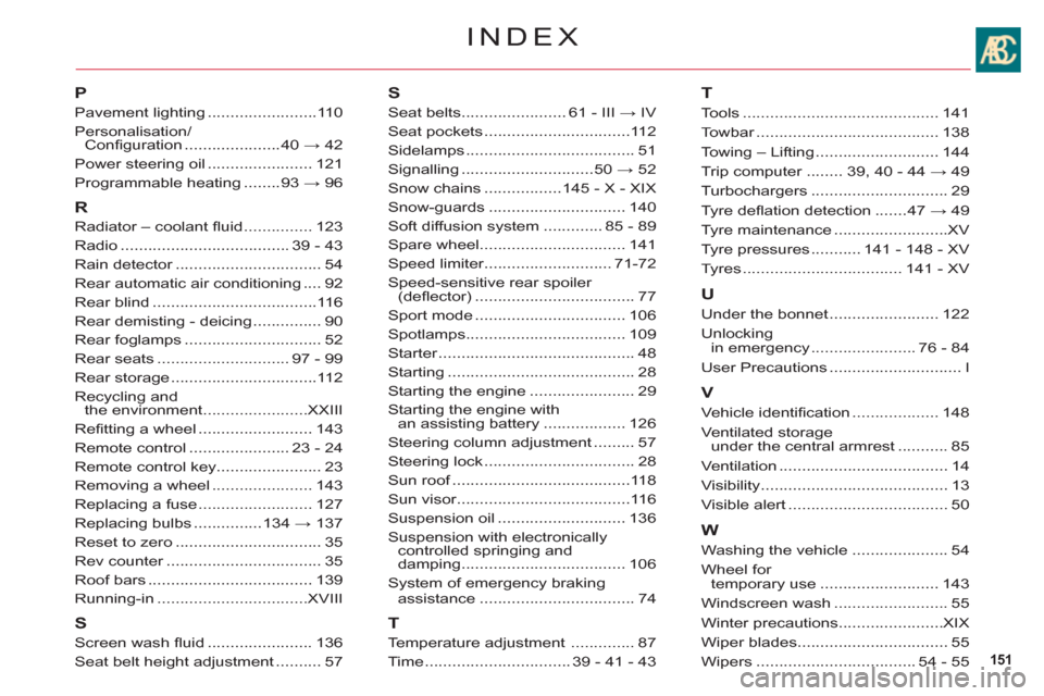 Citroen C6 RHD 2011 1.G Owners Manual 151
INDEX
P
Pavement lighting........................110
Personalisation/Conﬁ guration .....................40 → 42
Power steering oil.......................121
Programmable heating........93 → 