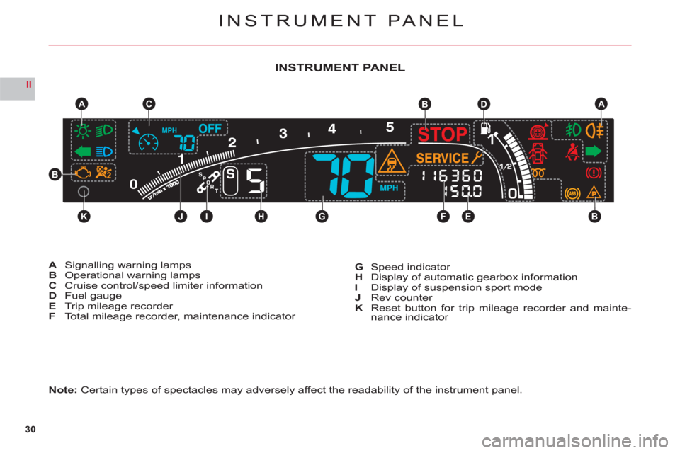 Citroen C6 RHD 2011 1.G Owners Manual 30
II
0
STOP STOP
KJIHGFEB
CAB
SS
DA
B
INSTRUMENT PANEL
Note: Certain types of spectacles may adversely affect the readability of the instrument panel.
ASignalling warning lampsBOperational warning la