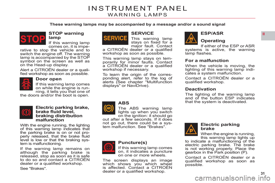 Citroen C6 RHD 2011 1.G Owners Manual 31
II
INSTRUMENT PANEL
WARNING LAMPS
These warning lamps may be accompanied by a message and/or a sound signal
ESP/ASR
Operatin
g
If either of the ESP or ASR systems is active, the warning lamp ﬂ as