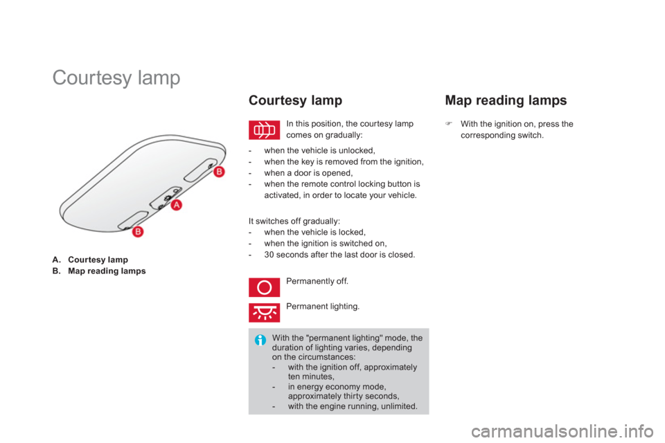 Citroen DS3 2011 1.G Owners Guide    
 
A. 
  Courtesy lamp 
 
   
B. 
  Map reading lamps 
 
 
 
 
 
 
 
 
 
 
 
 
 
 
Courtesy lamp 
 
In this position, the cour tesy lamp 
comes on gradually: 
   
Courtesy lamp 
 
 
 
-   when the 