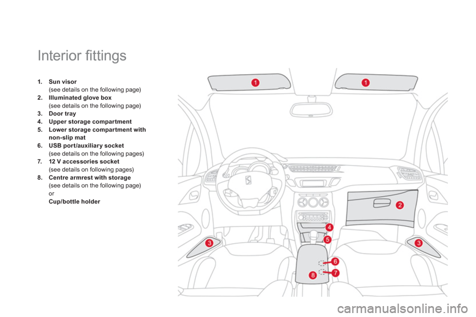 Citroen DS3 2011 1.G Owners Manual    
 
 
 
 
 
 
 
 
 
 
 
 
 
Interior ﬁ ttings 
 
 
 
1. 
  Sun visor 
 
 
  (see details on the following page) 
   
2. 
  Illuminated  
 
glove box 
 
 
  (see details on the following page) 
   