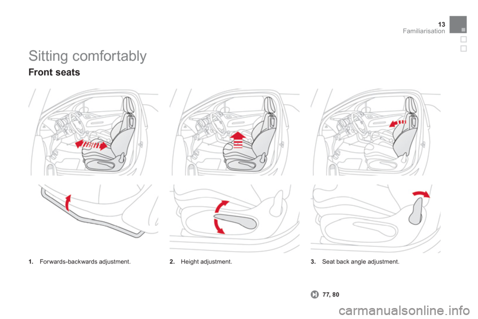 Citroen DS3 2011 1.G User Guide 13Familiarisation
  Sitting comfortably 
 
 
3. 
   Seat back angle adjustment. 
   
 
 
 77, 80 
 
 
 
 
Front seats 
 
 
1. 
   Forwards-backwards adjustment.    
2. 
   Height adjustment.  