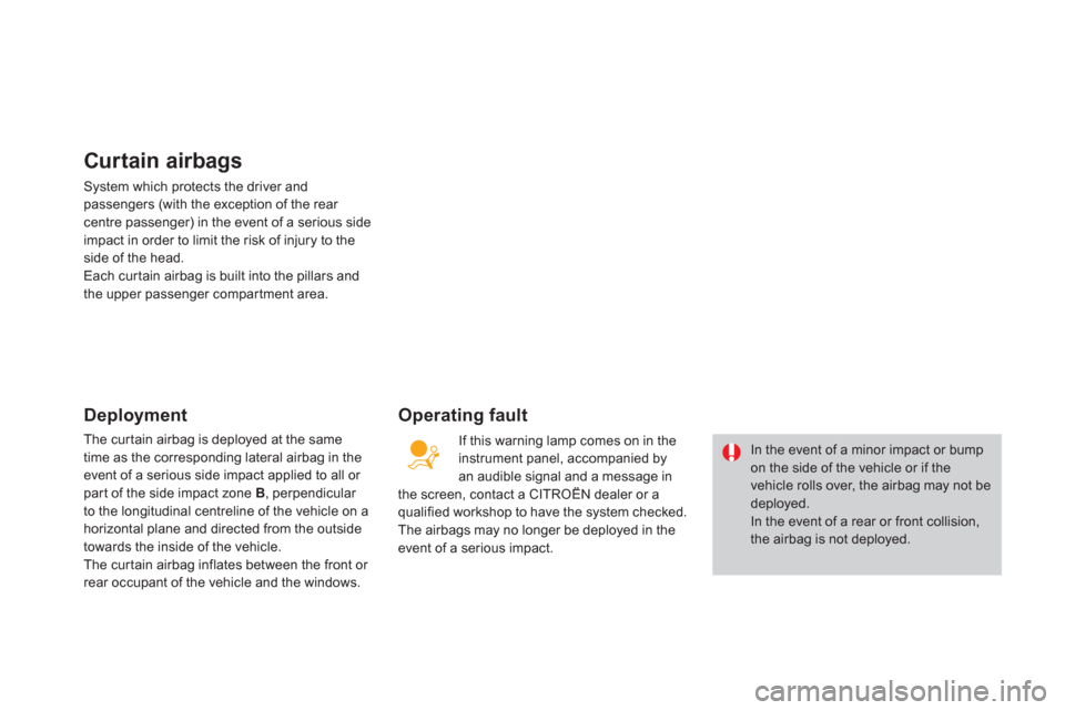 Citroen DS3 2011 1.G User Guide    
 
 
 
 
 
Curtain airbags 
 
System which protects the driver and 
passengers (with the exception of the rear 
centre passenger) in the event of a serious side 
impact in order to limit the risk o