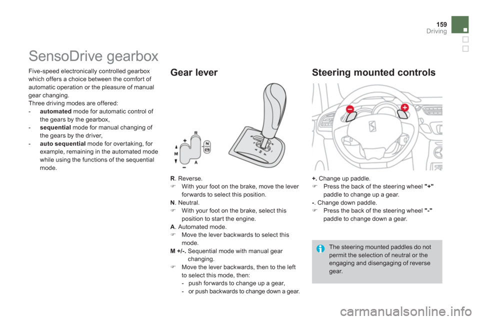 Citroen DS3 2011 1.G Service Manual 159Driving
   
 
 
 
 
 
 
 
 
 
 
 
 
 
 
 
 
SensoDrive gearbox 
 
 
R 
. Reverse. 
   
 
�) 
  With your foot on the brake, move the lever 
forwards to select this position.  
   
N 
. Neutral. 
  