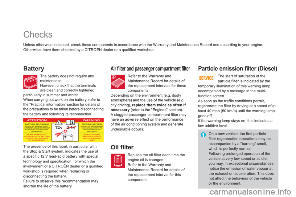 Citroen DS3 2011 1.G Owners Manual    
 
 
 
 
 
 
 
 
 
 
 
 
 
 
 
 
 
 
 
 
 
 
 
 
 
 
 
 
Checks 
 
 
Battery   Air filter and passenger compartment filter 
 
 
Oil filter    
 
 
 
 
 
 
 
 
Par ticle emission filter (Diesel) 
 
