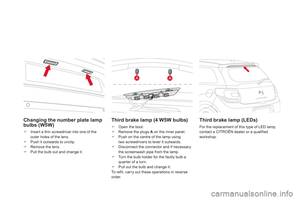 Citroen DS3 2011 1.G Owners Manual    
Changing the number plate lamp 
bulbs (W5W) 
   
 
�) 
  Inser t a thin screwdriver into one of the 
outer holes of the lens. 
   
�) 
  Push it outwards to unclip. 
   
�) 
  Remove the lens. 
  