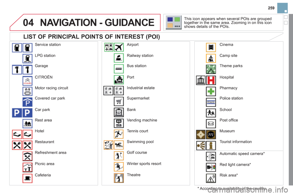 Citroen DS3 2011 1.G Owners Manual 04
259
  LIST OF PRINCIPAL POINTS OF INTEREST (POI) 
 
NAVIGATION - GUIDANCE 
 
 
*  
 According to availability in the country.     This icon appears when several POIs are grouped 
together in the sa