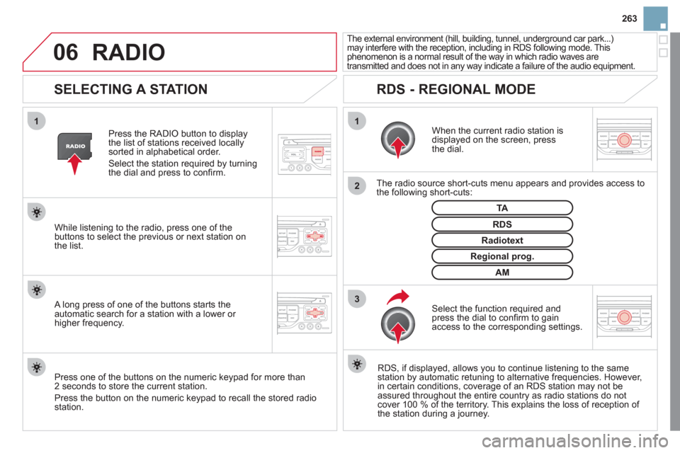 Citroen DS3 2011 1.G Owners Guide 06
3 2 1 1
263
 
 
 
 
 
 
 
SELECTING A STATION 
 
 
When the current radio station is 
displayed on the screen, press 
the dial.  
   
The radio source short-cuts menu appears and provides access to