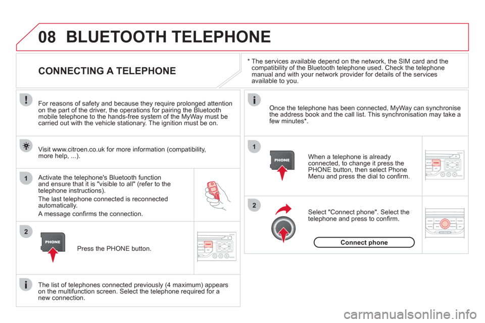 Citroen DS3 2011 1.G Owners Manual 08
1
2
2
1
   
*  
  The services available depend on the network, the SIM card and the 
compatibility of the Bluetooth telephone used. Check the telephone 
manual and with your network provider for d