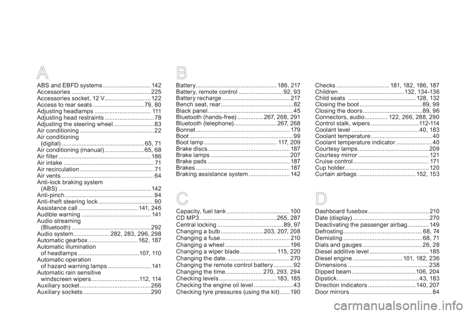 Citroen DS3 2011 1.G Owners Guide A
ABS and EBFD systems ............................. 142
Accessories ................................................ 225
Accessories socket, 12 V ............................ 122
Access to rear seats