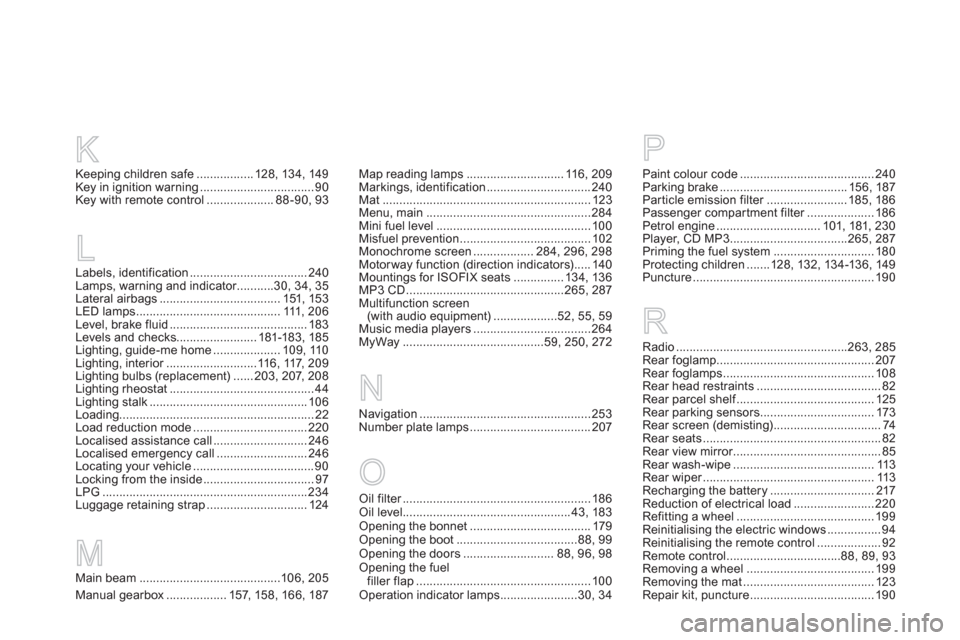 Citroen DS3 2011 1.G Owners Manual Map reading lamps ............................. 116, 209
Markings, identification ............................... 240
Mat .............................................................. 123
Menu, main 