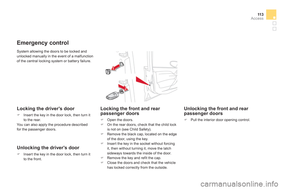 Citroen DS4 2011 1.G Owners Manual 11 3Access
  System allowing the doors to be locked and 
unlocked manually in the event of a malfunction 
of the central locking system or battery failure. 
   
 
 
 
 
 
Emergency control 
 
 
Lockin