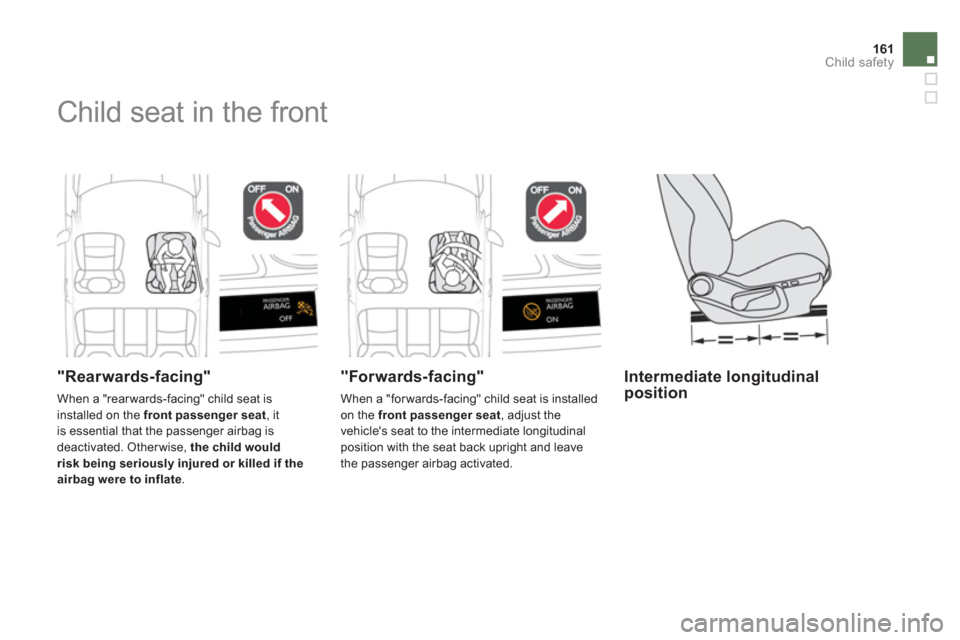 Citroen DS4 2011 1.G Owners Manual 161Child safety
  Child seat in the front  
 
 
"Rearwards-facing" 
 
When a "rear wards-facing" child seat is 
installed on the  front passenger seat 
, it 
is essential that the passenger airbag is 