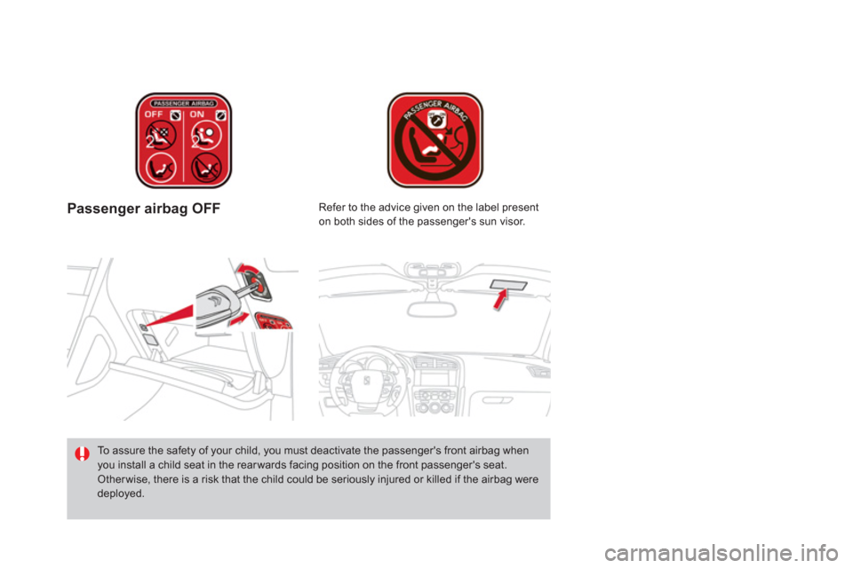 Citroen DS4 2011 1.G Owners Manual    
 
Passenger airbag OFF  
 
 
To assure the safety of your child, you must deactivate the passengers front airbag when 
you install a child seat in the rear wards facing position on the front pass