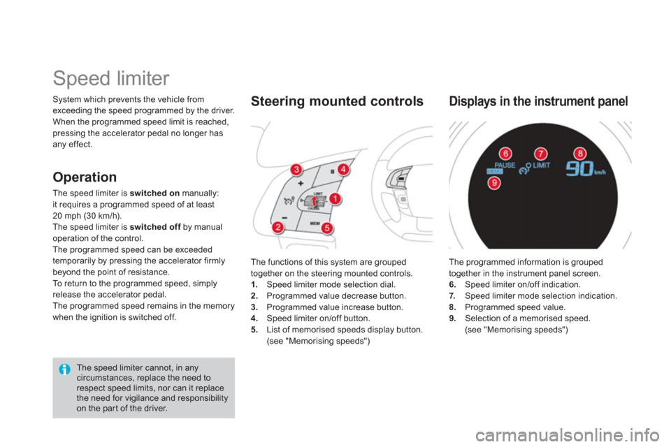 Citroen DS4 2011 1.G Owners Manual   System which prevents the vehicle from 
exceeding the speed programmed by the driver. 
  When the programmed speed limit is reached, 
pressing the accelerator pedal no longer has 
any effect. 
   
 