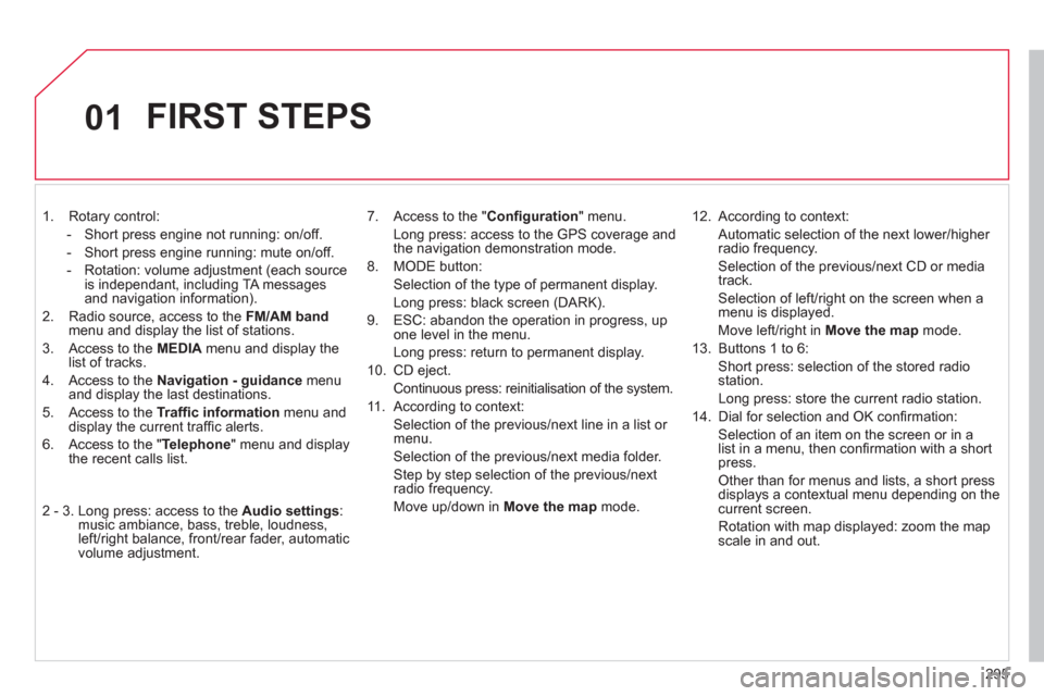 Citroen DS4 2011 1.G User Guide 295
01
1. Rotary control:
- Short press engine not running: on/off.
- Short press engine running: mute on/off.
- Rotation: volume adjustment (each source
is independant, Citroen DS4 2011 1.G User Guide 295
01
1. Rotary control:
- Short press engine not running: on/off.
- Short press engine running: mute on/off.
- Rotation: volume adjustment (each source
is independant,