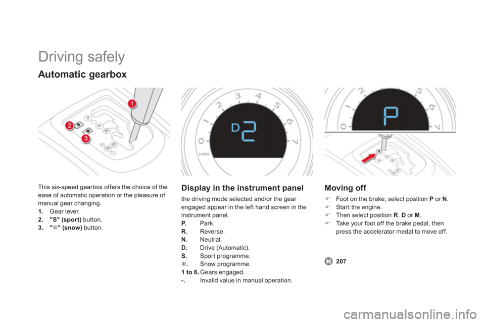 Citroen DS4 2011 1.G Owners Manual Driving safely
Automatic gearbox
This six-speed gearbox offers the choice of the
ease of automatic operation or the pleasure of
manual gear changing.
1.
Gear lever.
2.
"S" Citroen DS4 2011 1.G Owners Manual Driving safely
Automatic gearbox
This six-speed gearbox offers the choice of the
ease of automatic operation or the pleasure of
manual gear changing.
1.
Gear lever.
2.
"S"
