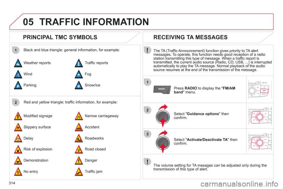 Citroen DS4 2011 1.G Owners Manual 314
05
2 1
1
2
3
  TRAFFIC INFORMATION 
 
 
 
 
 
 
 
PRINCIPAL TMC SYMBOLS 
 
 
Red and yellow triangle: trafﬁ c information, for example:     
Black and blue triangle: general information, for exa