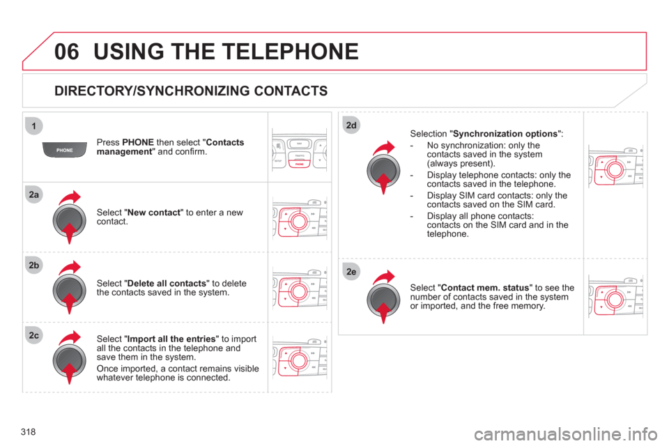 Citroen DS4 2011 1.G Owners Manual 318
06
1
2a
2b
2c
2d
2e
  USING THE TELEPHONE 
 
 
DIRECTORY/SYNCHRONIZING CONTACTS 
 
 
Press  PHONE 
 then select " Contacts 
management 
" and conﬁ rm.  
   
Select " New contact 
" to enter a ne