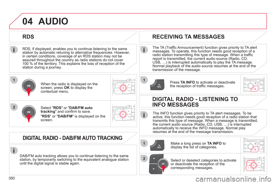 Citroen DS4 2011 1.G User Guide 350
1
2
04
1
1
2
RDS, if displayed, enables you to continue listening to the same
station by automatic retuning to alternative frequencies. However,
in certain conditions, coverage of an RDS sta Citroen DS4 2011 1.G User Guide 350
1
2
04
1
1
2
RDS, if displayed, enables you to continue listening to the same
station by automatic retuning to alternative frequencies. However,
in certain conditions, coverage of an RDS sta