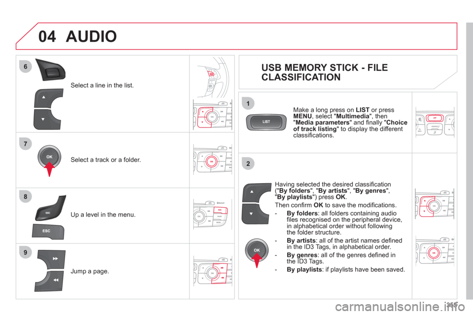 Citroen DS4 2011 1.G Owners Guide 355
7
6
8
9
2
1
04
Select a line in the list.
Select a track or a folder.
Jump a page.
Up a level in the menu.
AUDIO
USB MEMORY STICK - FILE
CLASSIFIC Citroen DS4 2011 1.G Owners Guide 355
7
6
8
9
2
1
04
Select a line in the list.
Select a track or a folder.
Jump a page.
Up a level in the menu.
AUDIO
USB MEMORY STICK - FILE
CLASSIFIC