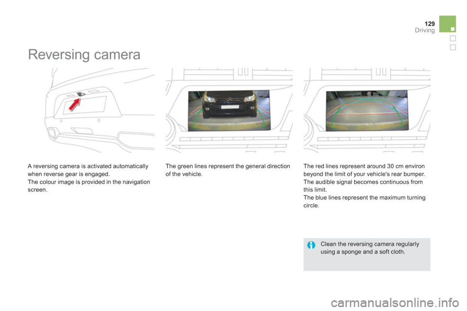 Citroen DS5 2011 1.G Owners Manual 129Driving
   
 
 
 
 
Reversing camera 
 
 A reversing camera is activated automatically 
when reverse gear is engaged.
 The colour image is provided in the navigationscreen. The 
green lines represe