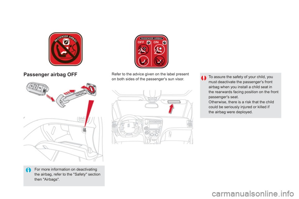 Citroen DS5 2011 1.G Owners Manual Passenger airbag OFF
   
For more information on deactivatingthe airbag, refer to the "Safety" section then "Airbags".   
Re
fer to the advice given on the label present 
on both sides of the passenge