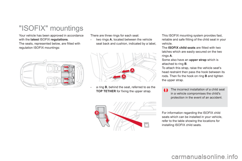 Citroen DS5 2011 1.G Owners Manual Your vehicle has been approved in accordance
with the latest ISOFIX regulations .
The seats, represented below, are fitted with
regulation ISOFIX mountings:
"ISOFIX" Citroen DS5 2011 1.G Owners Manual Your vehicle has been approved in accordance
with the latest ISOFIX regulations .
The seats, represented below, are fitted with
regulation ISOFIX mountings:
"ISOFIX"