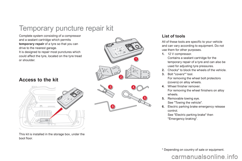 Citroen DS5 2011 1.G Owners Manual This kit is installed in the storage box, under the boot floor.  
Complete system consisting of a compressor 
and a sealant car tridge which permits 
temporary repair   of a tyre so that you can rdriv