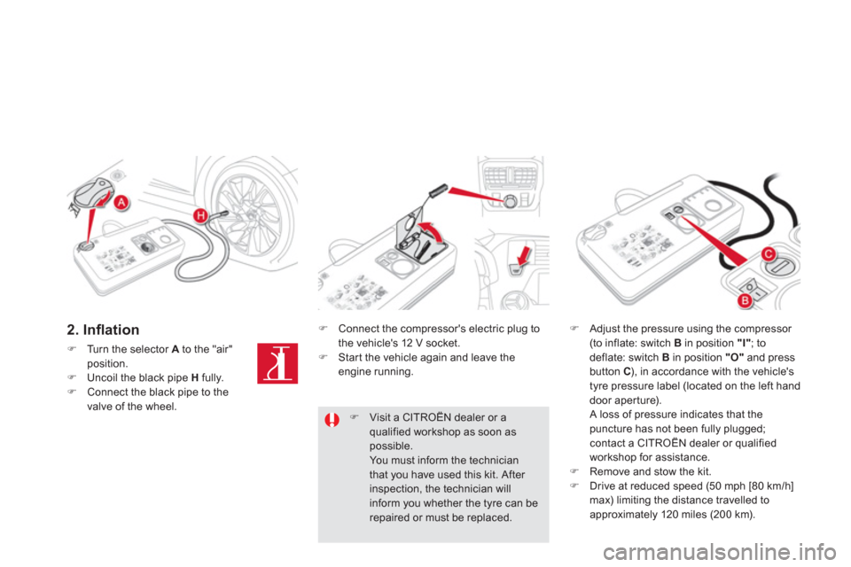 Citroen DS5 2011 1.G Owners Manual 2. Inﬂ ation 
�)Turn the selector Ato the "air" position.�)Uncoil the black pipe  Hfully. �)Connect the black pipe to the 
valve of the wheel.
�)   Connect the compressors electric plug to
the vehi